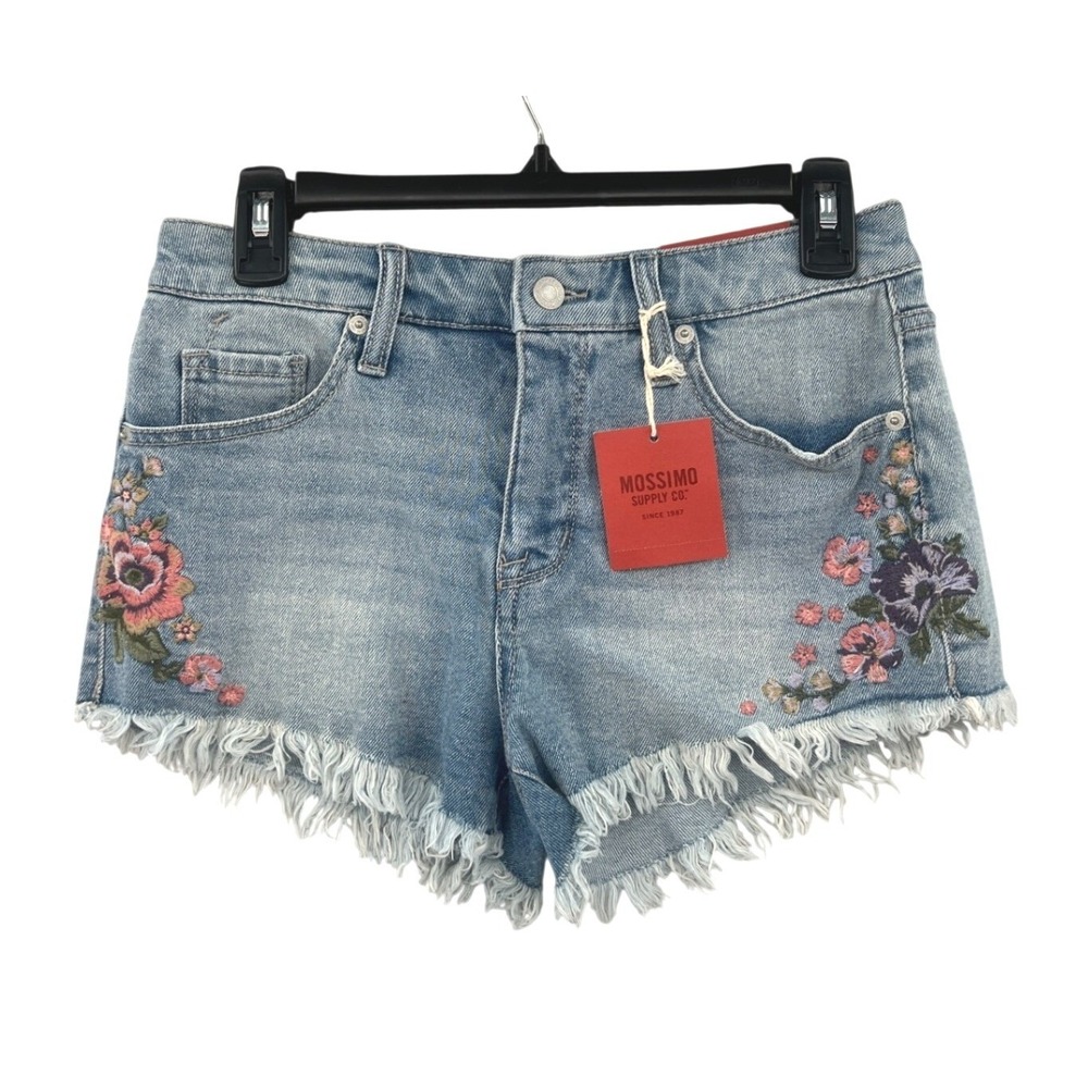 Mossimo Floral Embroidered High Waist Denim Shorts Size 4/27 Blue Frayed Hem NWT